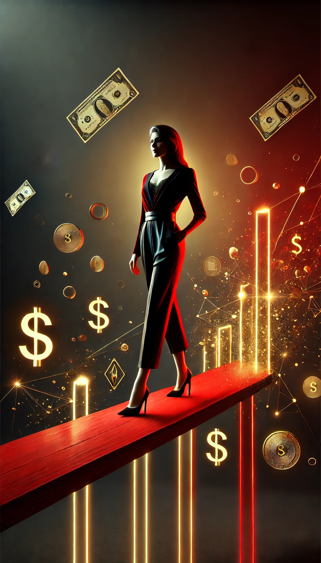 DALL·E 2024-12-16 10.48.09 – A minimalist and artistic depiction of economic risk featuring a highly attractive and confident woman standing on a narrow red platform, surrounded b